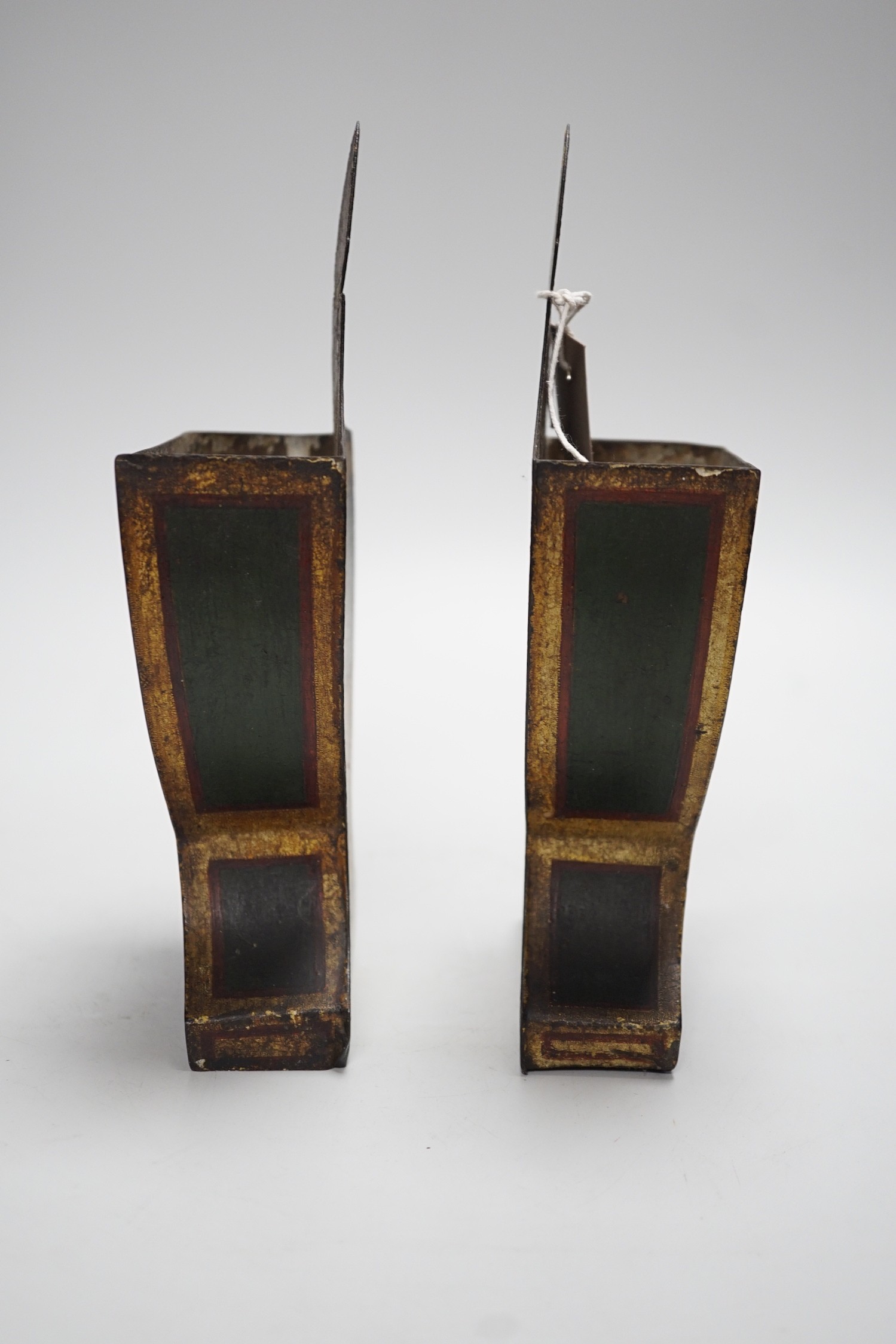 A pair of 19th century French painted urn-shaped toleware spill vases, 23.5cms high